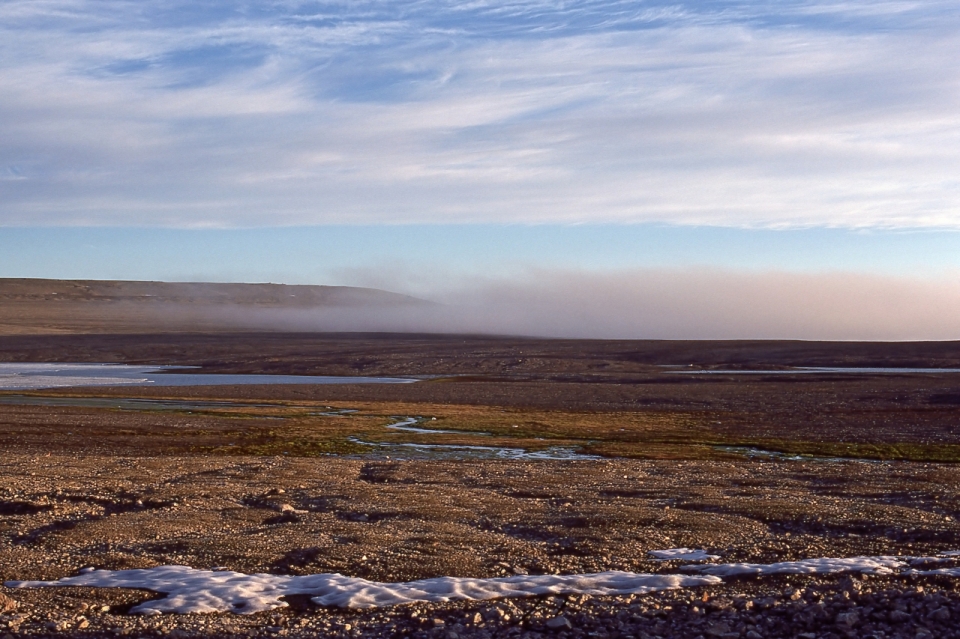 Fog rolling in over the sewage lagoon, Resolute, NWT, 1979