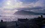 Fishing boat and dog, Grise Fiord, NWT, 1979